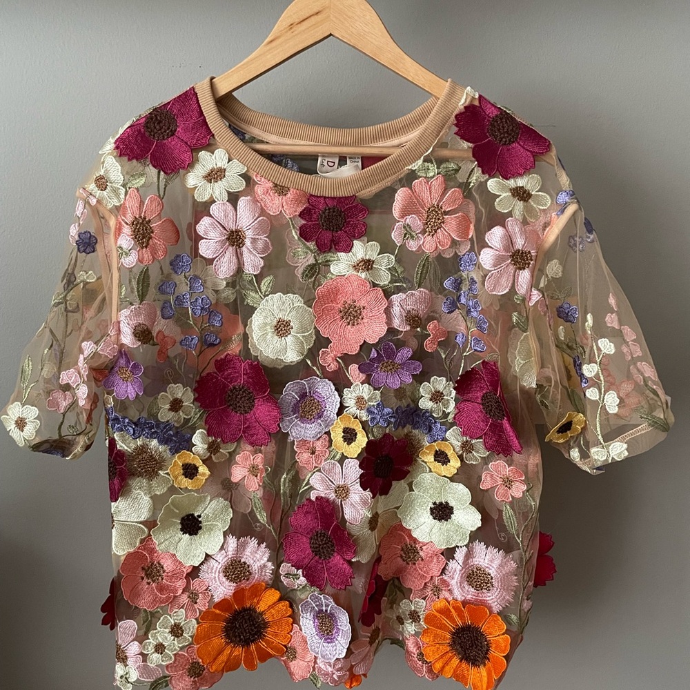 Dolan Floral Embroidered Mesh Top - Multicolor